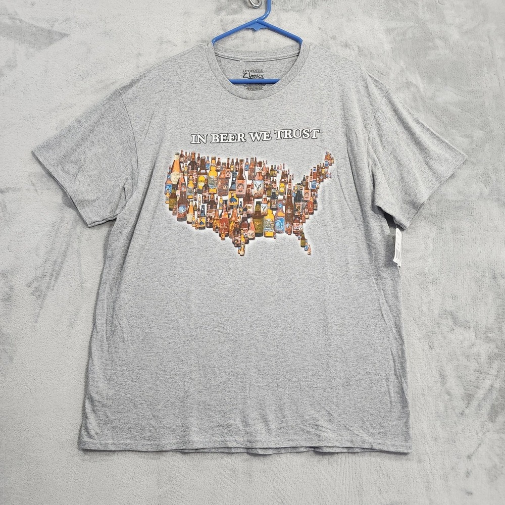NEW Authentic Classics‎ Shirt Mens L Gray In Beer We Trust Graphic Tee USA Map